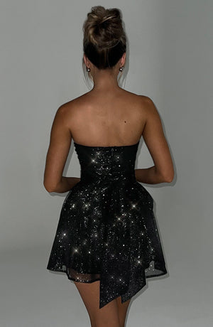 Katrina | Schouderloos Minikleed met Glitterdetails en Uitlopende Rok