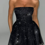 Katrina | Schouderloos Minikleed met Glitterdetails en Uitlopende Rok