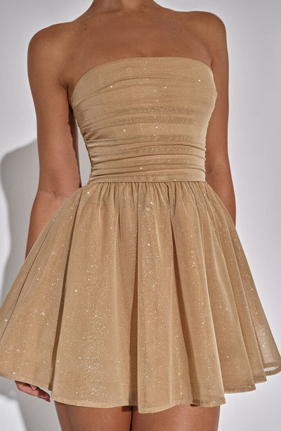 Katrina | Schouderloos Minikleed met Glitterdetails en Uitlopende Rok