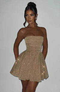 Katrina | Schouderloos Minikleed met Glitterdetails en Uitlopende Rok