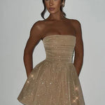 Katrina | Schouderloos Minikleed met Glitterdetails en Uitlopende Rok