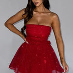 Katrina | Schouderloos Minikleed met Glitterdetails en Uitlopende Rok