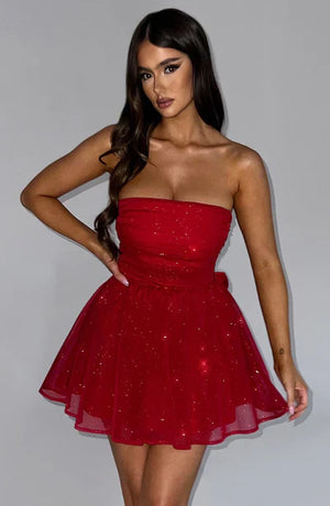Katrina | Schouderloos Minikleed met Glitterdetails en Uitlopende Rok
