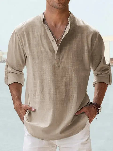 John | Luchtig Linnen Shirt met Henley-Kraag