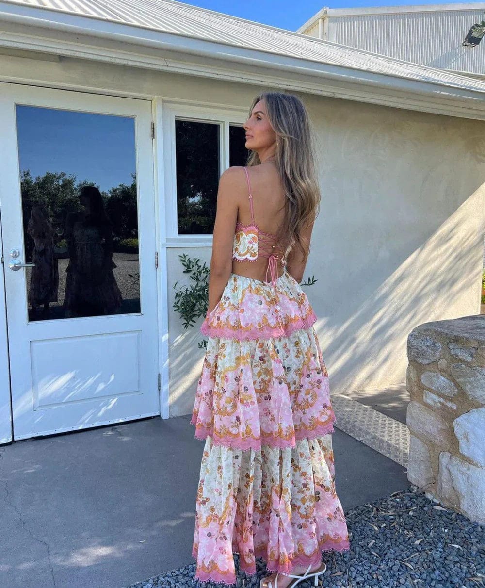 Odetta | Romantische Bloemen Maxidress met Rugkant-Details