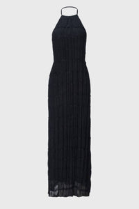 Zwarte Geplooide Halter Maxi Jurk