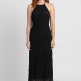 Zwarte Geplooide Halter Maxi Jurk