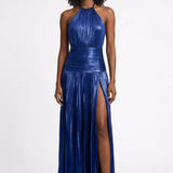 Blauwe Metallic Maxi Jurk met Split