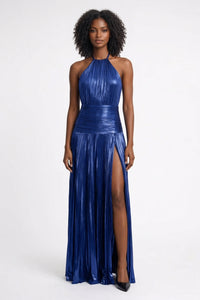 Blauwe Metallic Maxi Jurk met Split