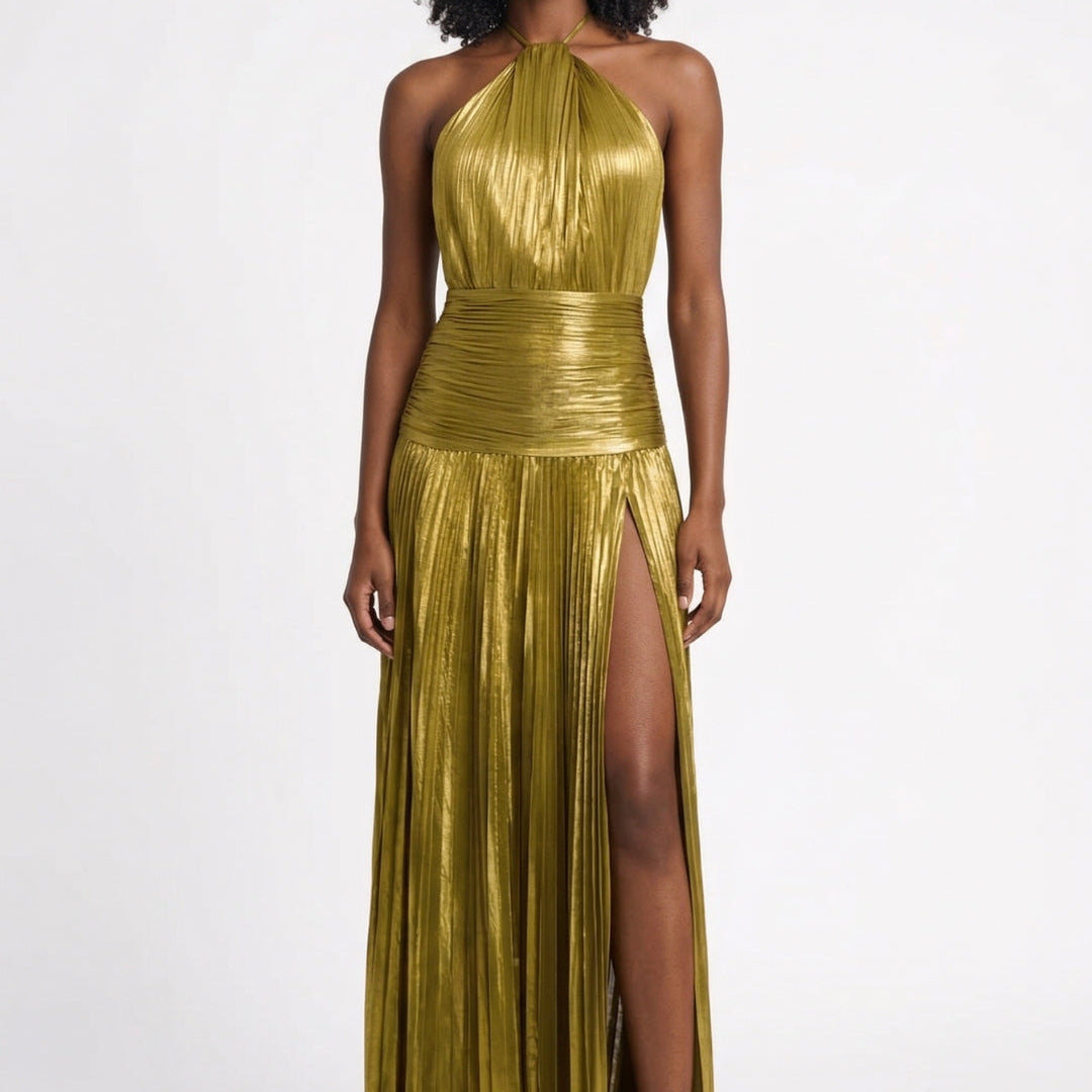 Blauwe Metallic Maxi Jurk met Split