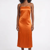 Oranje Satin Midi Jurk met Bandjes