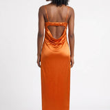 Oranje Satin Midi Jurk met Bandjes