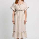 Beige Midi Jurk met Volants