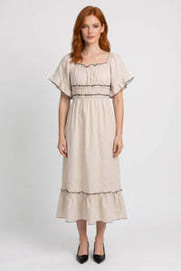 Beige Midi Jurk met Volants