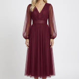 Bordeaux Elegante Tule Midi Jurk