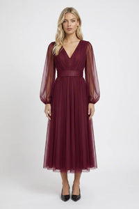 Bordeaux Elegante Tule Midi Jurk