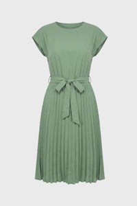 Groene Geplooide Midi Jurk met Strikceintuur