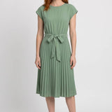Groene Geplooide Midi Jurk met Strikceintuur