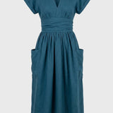 Blauwe Midi Jurk met V Hals