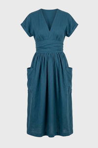 Blauwe Midi Jurk met V Hals