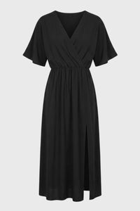 Zwarte Elegante Midi Jurk met V Hals