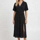 Zwarte Elegante Midi Jurk met V Hals