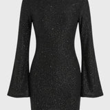 Zwarte Glitter Mini Jurk met Wijde Mouwen