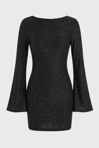 Zwarte Glitter Mini Jurk met Wijde Mouwen