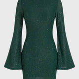 Zwarte Glitter Mini Jurk met Wijde Mouwen