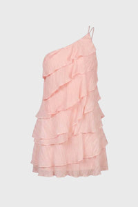 One Shoulder Mini Jurk met Ruches en Gelaagde Look
