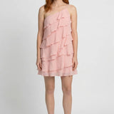One Shoulder Mini Jurk met Ruches en Gelaagde Look