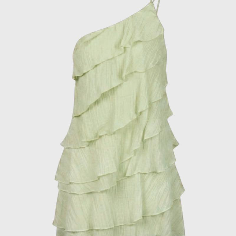 One Shoulder Mini Jurk met Ruches en Gelaagde Look