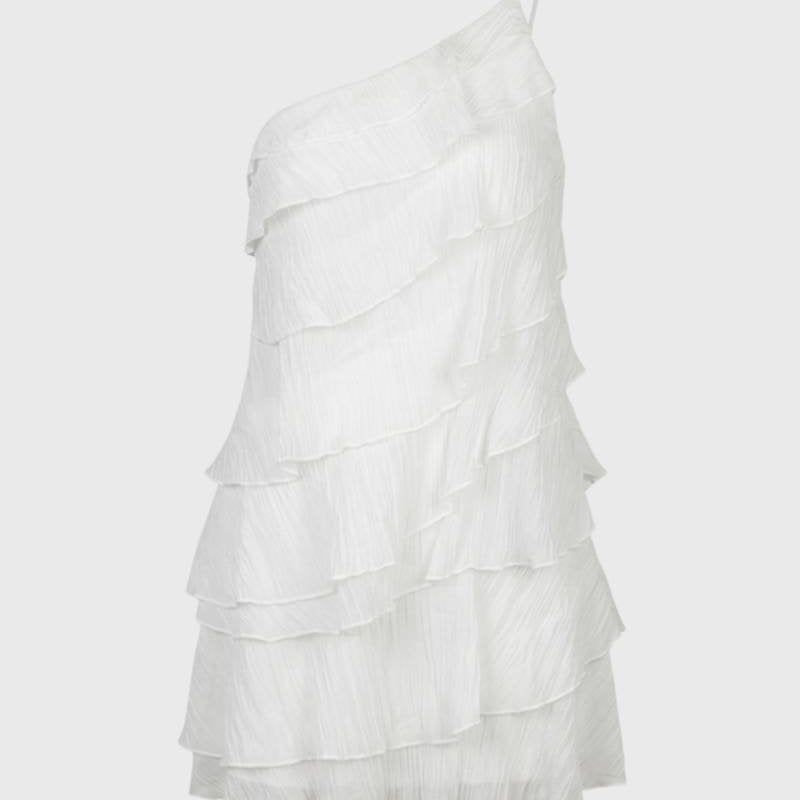 One Shoulder Mini Jurk met Ruches en Gelaagde Look