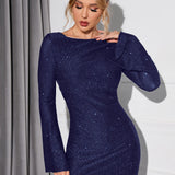 Glitter Jurk Dames – Stijlvolle Feestjurk met Open Rug en Lange Mouwen