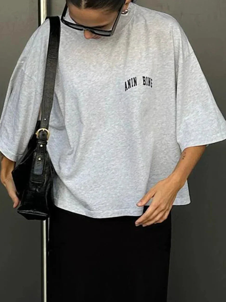 Oversized Dames T-Shirt in Grijs met Klein Logo-Print