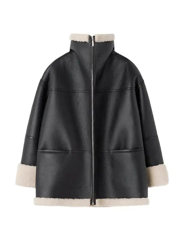 Lizzy | Oversized Kunstleer Shearling-Jack in Zwart