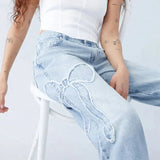 Yasmin | Rechte Snit Wijde Pijpen Denim Jeans met Patches