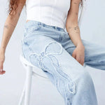 Yasmin | Rechte Snit Wijde Pijpen Denim Jeans met Patches