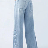 Yasmin | Rechte Snit Wijde Pijpen Denim Jeans met Patches