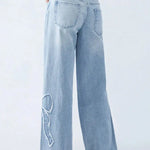 Yasmin | Rechte Snit Wijde Pijpen Denim Jeans met Patches