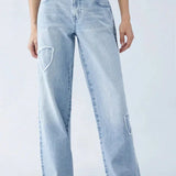 Yasmin | Rechte Snit Wijde Pijpen Denim Jeans met Patches