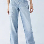 Yasmin | Rechte Snit Wijde Pijpen Denim Jeans met Patches