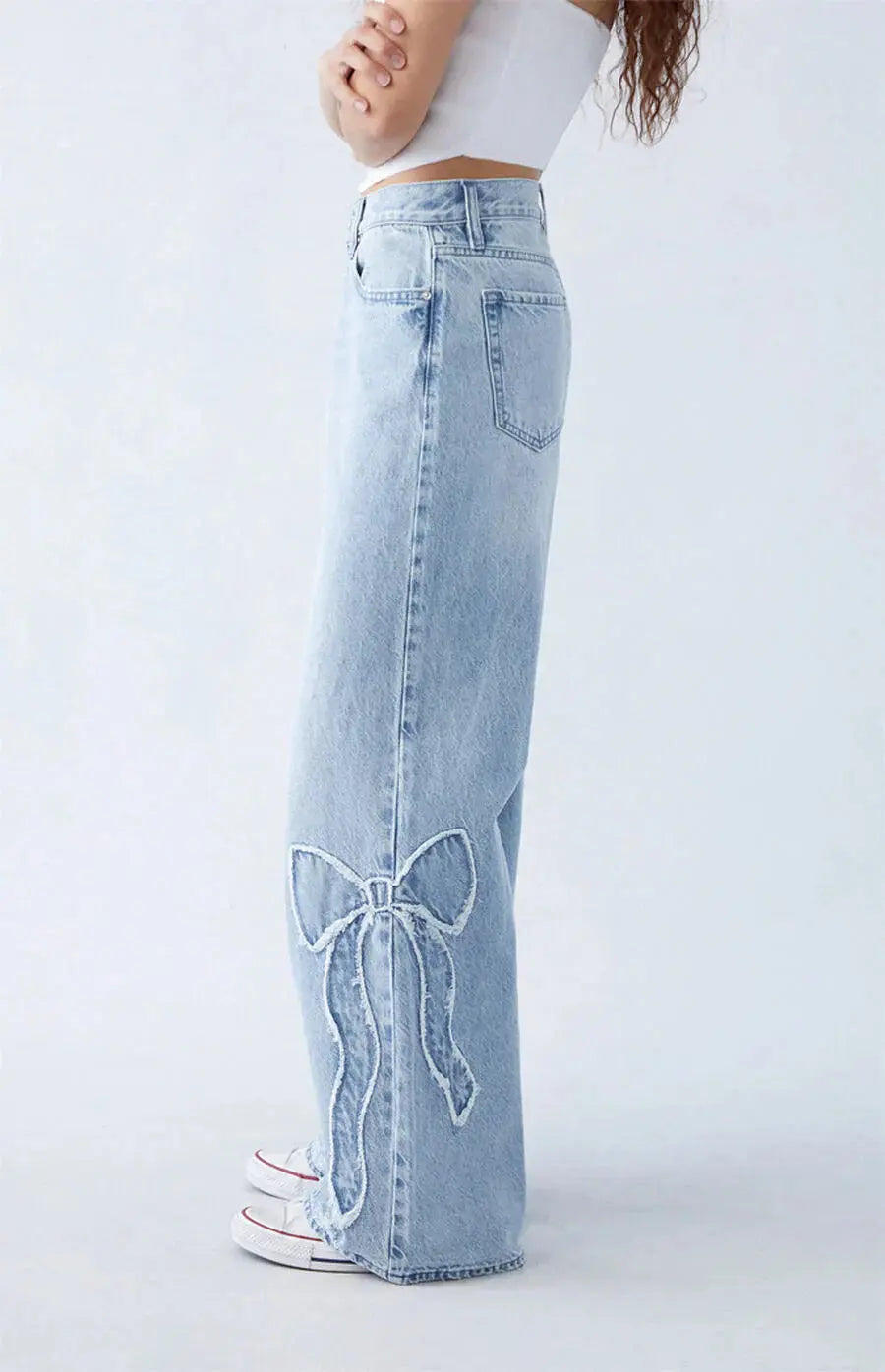 Yasmin | Rechte Snit Wijde Pijpen Denim Jeans met Patches