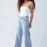 Yasmin | Rechte Snit Wijde Pijpen Denim Jeans met Patches