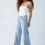 Yasmin | Rechte Snit Wijde Pijpen Denim Jeans met Patches