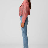 Trendy Korte Suède Look Jas met Franjes en Reverskraag