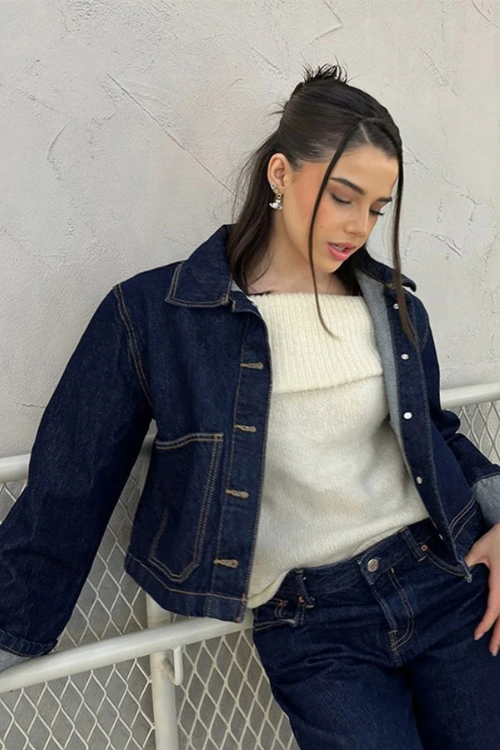Dames-Denim-Set – Cropped Jeansjack & High-Waist Minirok met Omslag
