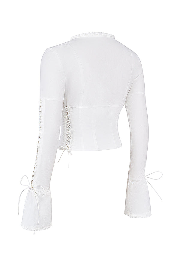 Annalena | Trendy Witte Lange Mouwen Corset Top met Vetersluiting