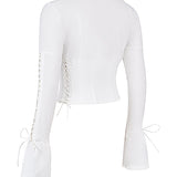 Annalena | Trendy Witte Lange Mouwen Corset Top met Vetersluiting