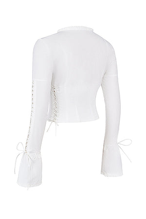 Annalena | Trendy Witte Lange Mouwen Corset Top met Vetersluiting